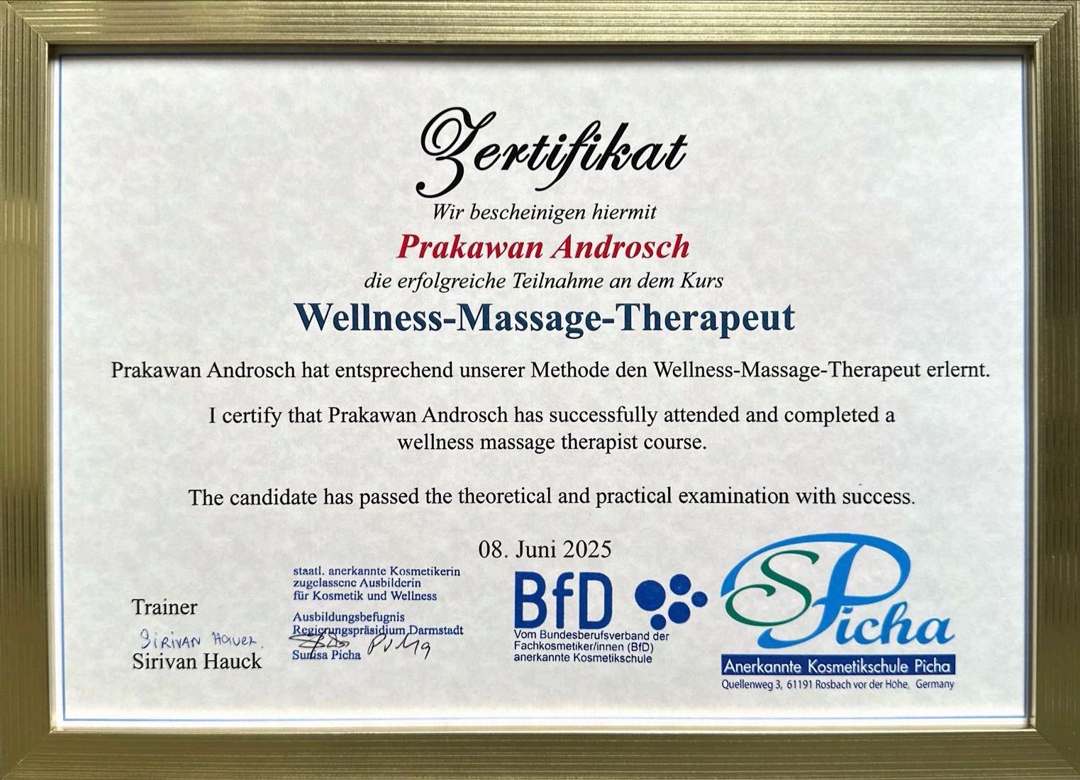 Zertifikat Wellness Massage Therapeut
